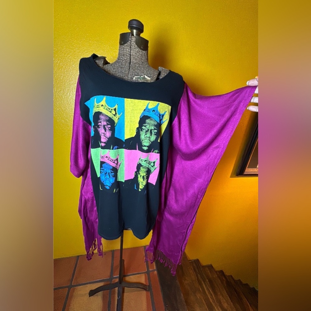 Upcycled Colorful Biggie T-Shirt with fringe sleeves , pit to pit 26 xxl